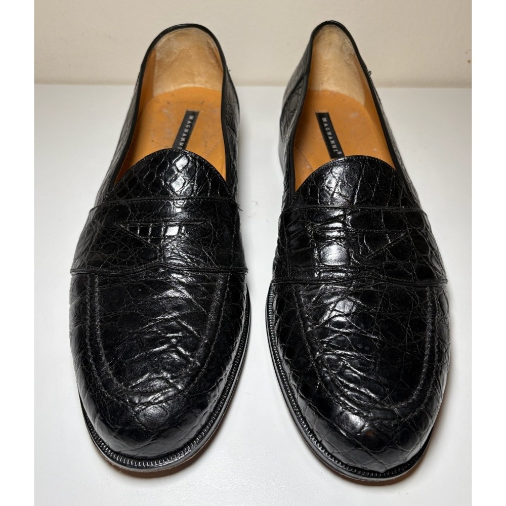 Magnanni Black Crocodile Leather Penny Loafer Shoes | Men's Size 15